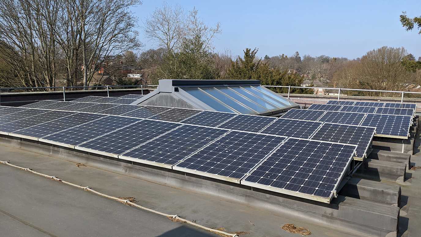 Solar panels on the roof of the Caryl Churchill Theatre 