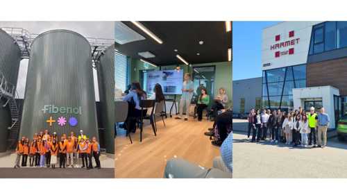 three photos arranged next to each other showing Postgraduate students posing on site visits to different companies on their study trip